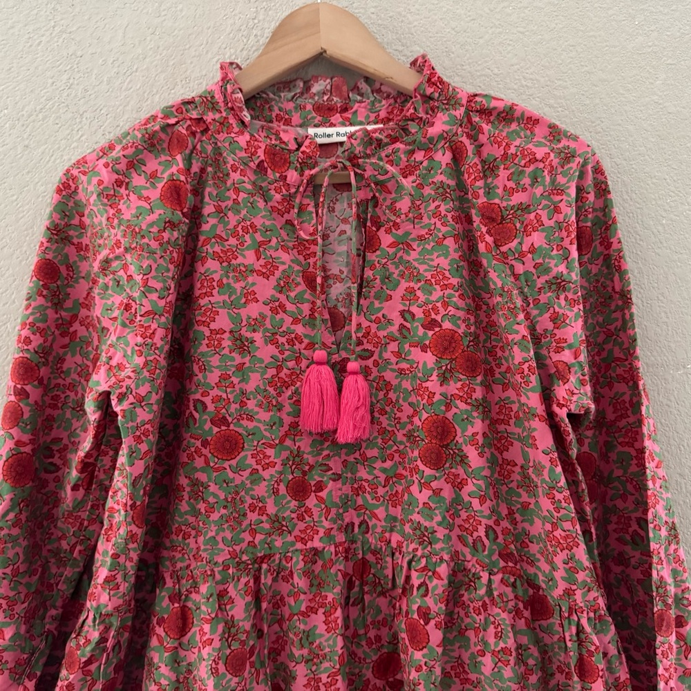 Roller Rabit Rhody Janni Dress Medium Pink Floral Ruffle Tiered Resort Vacation - Picture 5 of 12